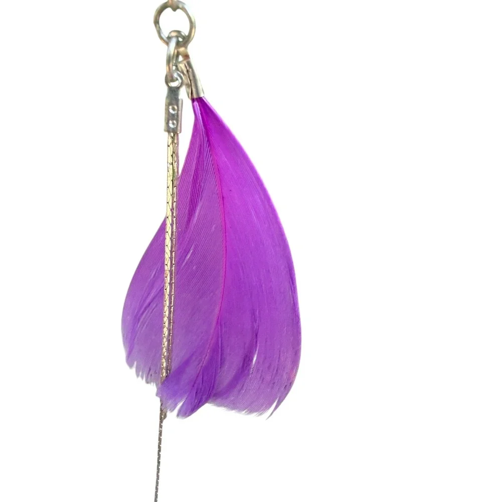 Purple Feather Dangle Earrings Silver Snake Chain‎ Boho Statement Festival Wear
